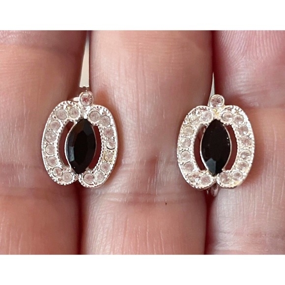 NAPIER Silver Tone Onyx Pumpkin Earrings Screw Back Signed Spice Fall Rhinestone - Picture 1 of 3